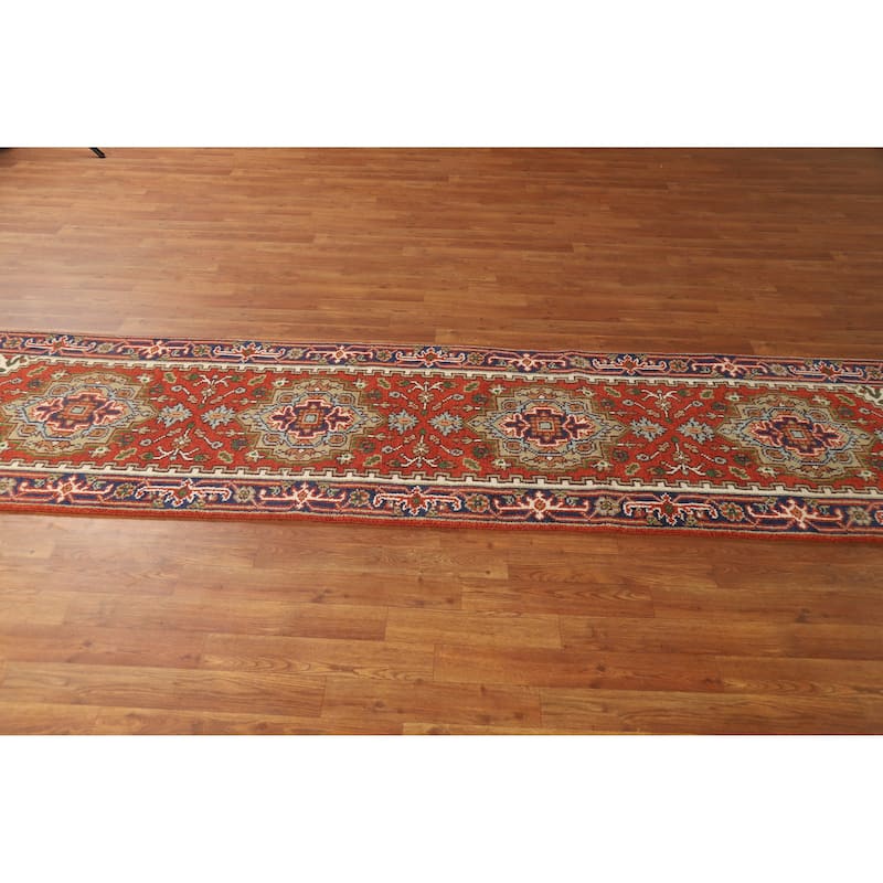 Hand Knotted Oriental 100% Wool Carpet Traditional Geometric Oranges & Rust Heriz (serapi) Runner Rug - 10' 0'' X 2' 6''