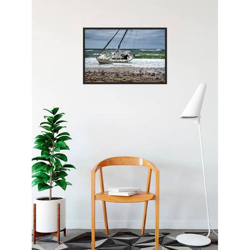 Grounded Sail Boat Waiting for High Tide Photography by Wayne Collamore Framed Poster - 18 x 24 Inch