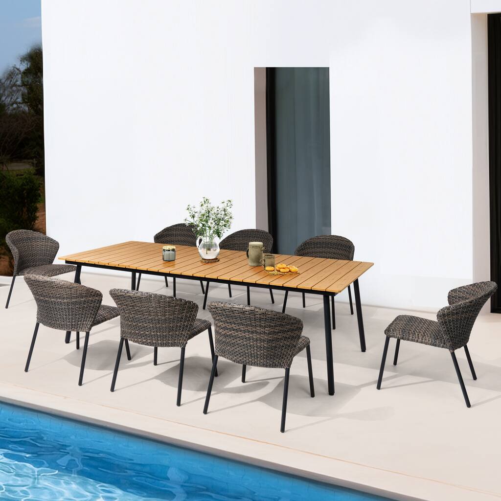 Outdoor Dining Set Aluminum Dining Table with PE Rattan Stacking Chairs - Set of 9