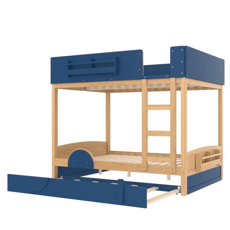 Kids Bed Wooden Bunk Bed with Trundle and Built-in Storage Bookshelves