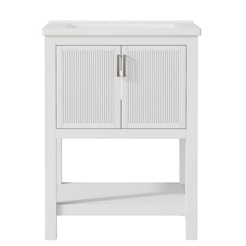 24" Single Bathroom Vanity with Ceramic Sink, Solid Rubberwood Frame & Open Storage Shelf