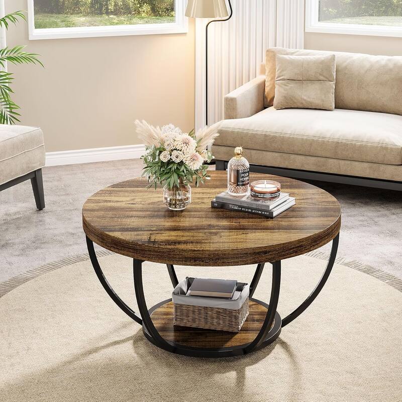 Round Coffee Table, 31.7" Rustic Brown Wooden 2-Tier