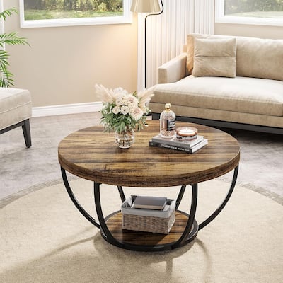 Round Coffee Table, 31.7" Rustic Brown Wooden 2-Tier