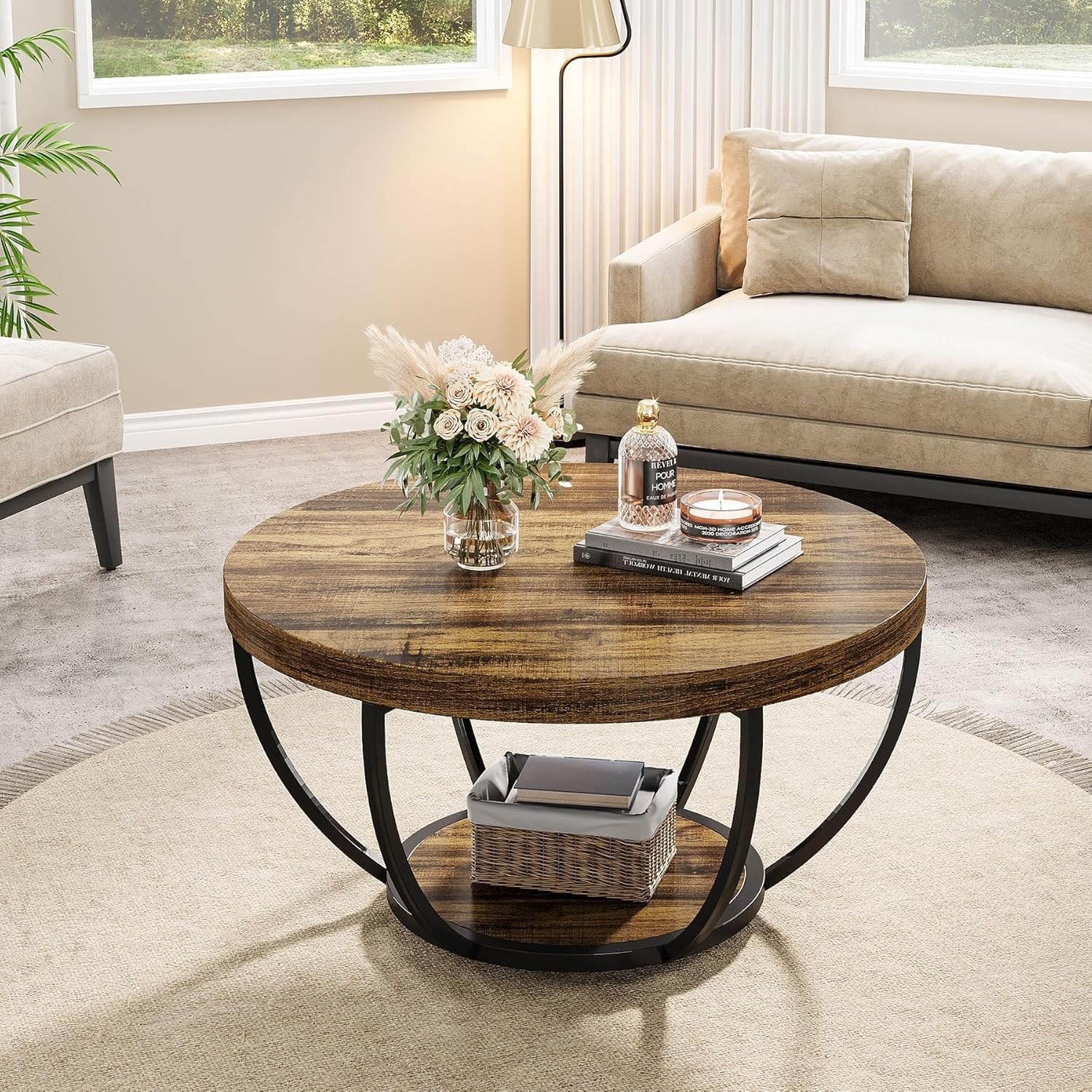 Round Coffee Table, 31.7" Rustic Brown Wooden 2-Tier
