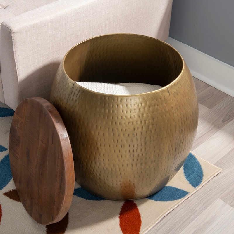 Kayvon Drum Side Table with Storage Gold