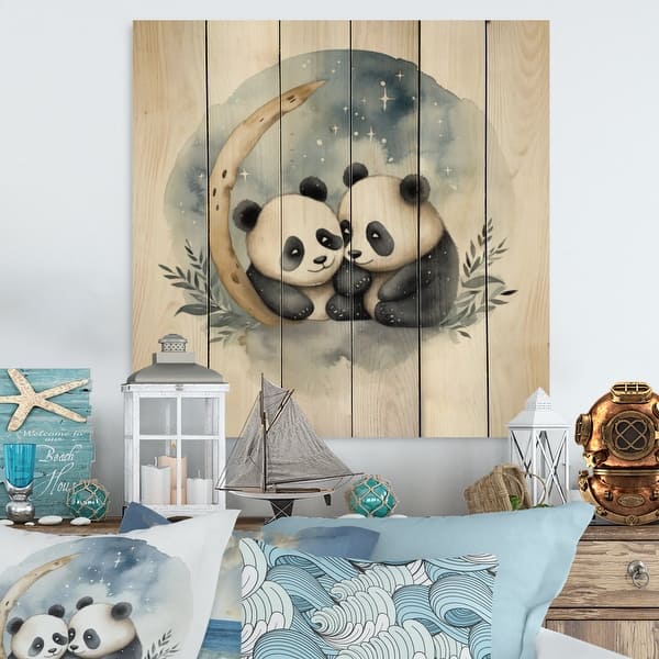slide 2 of 5, Designart "Watercolor Baby Pandas I" Animals Panda Print on Natural Pine Wood
