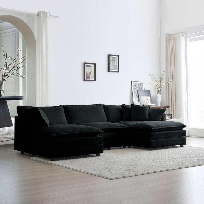 Comfy Chenille Accent Armchair Breathable Single Sofa w/Pillow - Black - 3 Seat+2 Ottoman