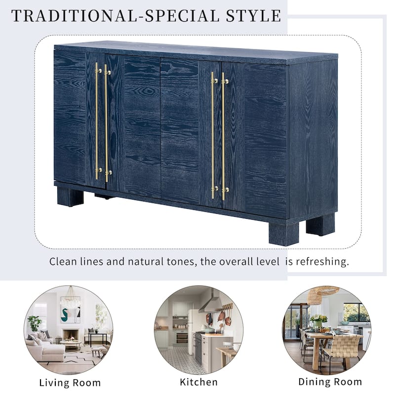 Traditional Style Wood Sideboard Buffet with Adjustable Shelves and Gold Handles