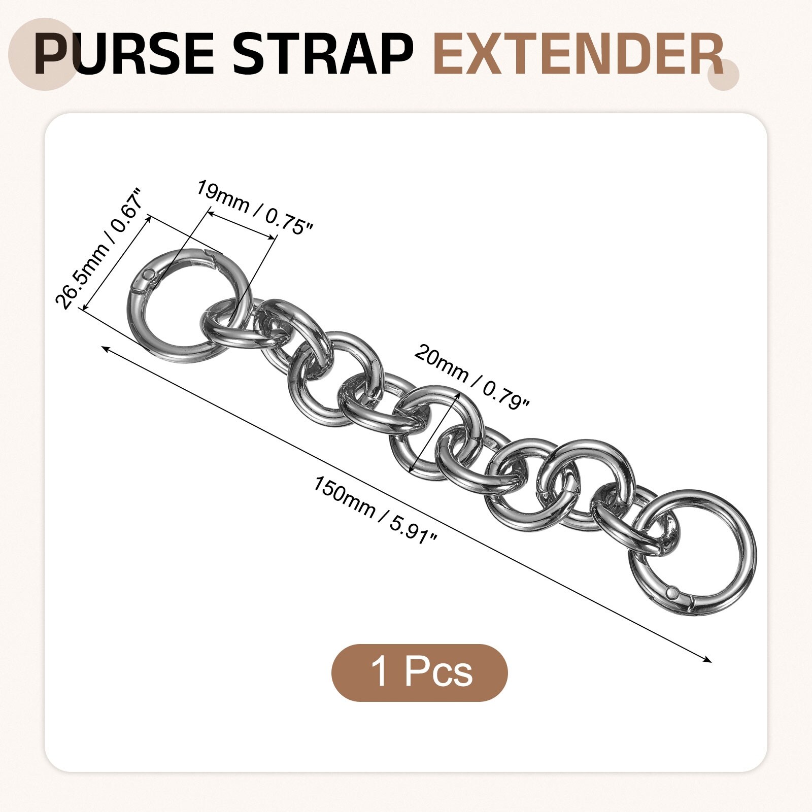 Purse Strap Extender, Metal Bag Replacement Handbag Chain with Spring Buckle, Round Style