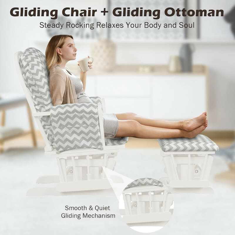 Solid Wood Gliding Chair Set with Storage Pockets and Ottoman for Relaxing - 29.5" x 28.5" x 39.5" (L x W x H)