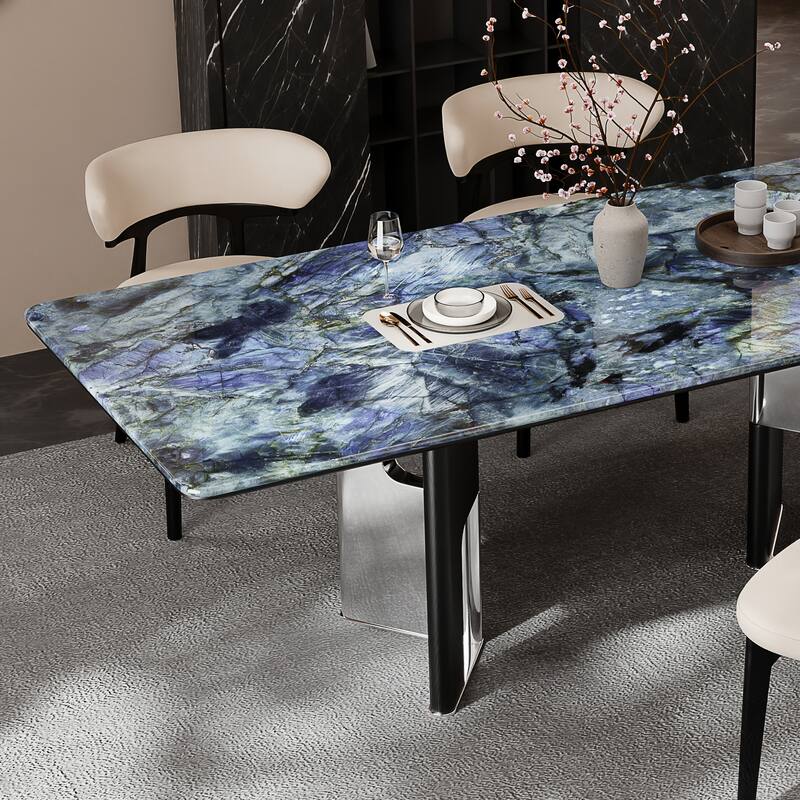 78.74"Modern Dining Table for 6-8,Glossy Sintered Stone Top, Blue - 78.74"