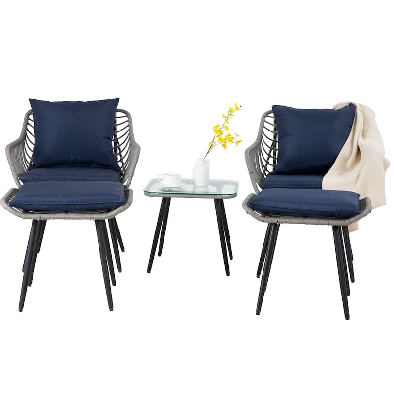 5-PC Wicker Outdoor Sofa Set, 2 Chairs, 2 Ottomans, 1 Table - Gray/Blue