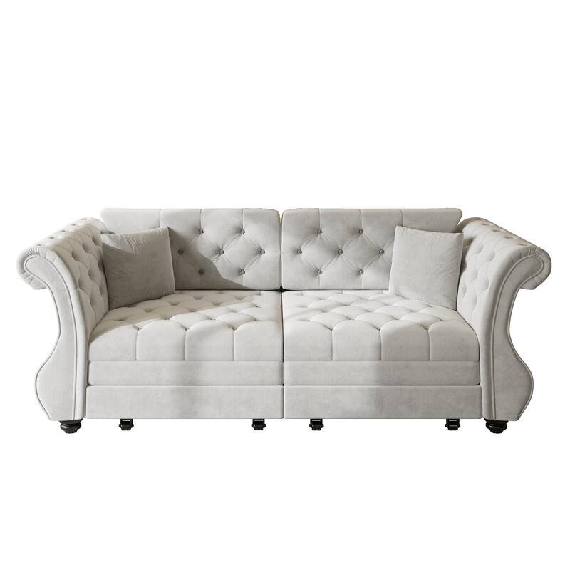 83.8" Chesterfield Velvet Pull-Out Sofa Bed, Classic Roll Arm Sleeper Couch with Elegant Flower Tufting