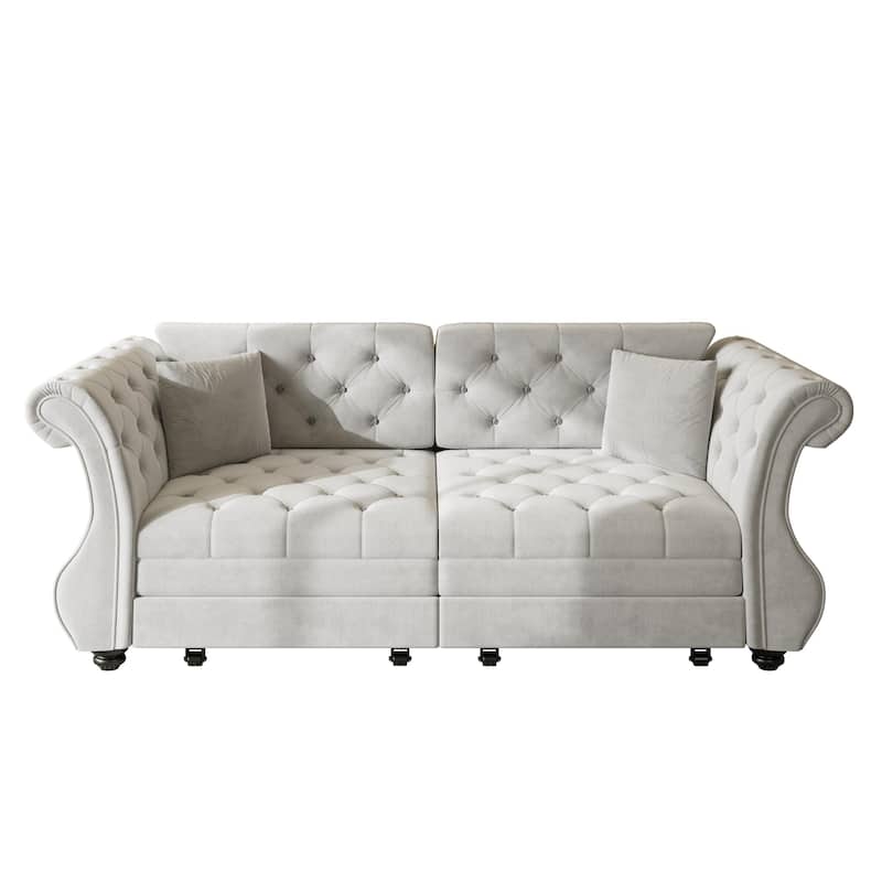 Chesterfield Pull Out Sofa Bed, Oversized 3-Seater/4-Seater Velvet Couch with Flared Arms, Convertible Sleeper Sofa