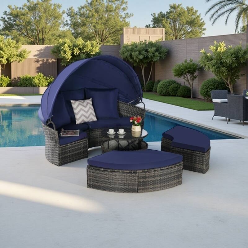 5-Piece Round Wicker Patio Daybed Set with Retractable Canopy, Cushioned Sofa and Ottomans, Hidden Coffee Table - Dark Blue