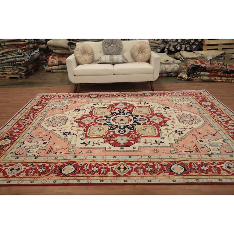 Hand Knotted Oriental 100% Wool Carpet Traditional Medallion Beige & Ivories Heriz (serapi) Area Rug - 10' 0'' X 8' 1''