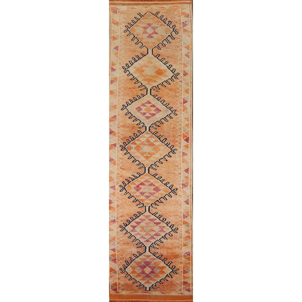 Geometric Oushak Vintage Runner Rug Handmade Oriental Wool Carpet - 2'8"x 13'1"