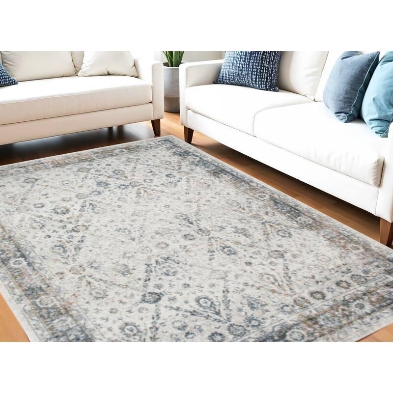 Mibiy Power Loomed Distressed Floral Low Pile Area Rug By HomeRoots - 144' X '108' X '0.25 - Oxford Blue - Rectangle