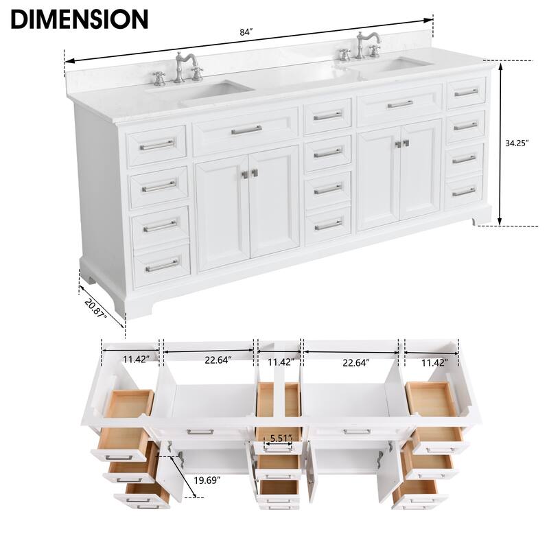 Prismarble Bathroom Vanity 84" White with Marble Top & Backsplash, Double Sinks