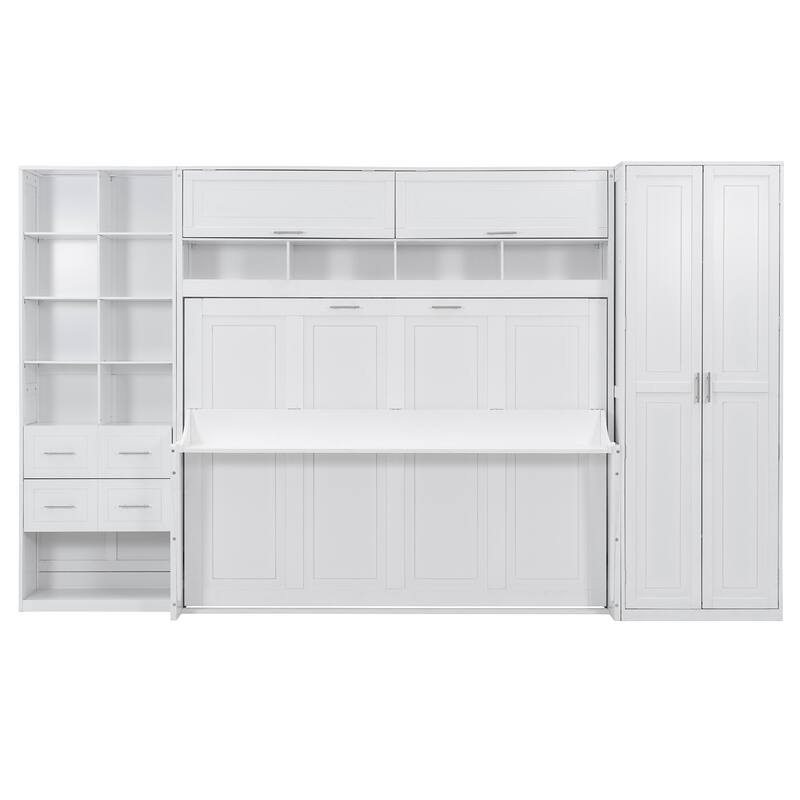 Queen Size Murphy Bed with Side Wardrobe & Flip Design, Foldable Wooden Wall Bed with Storage Drawers & Shelf for Home Office