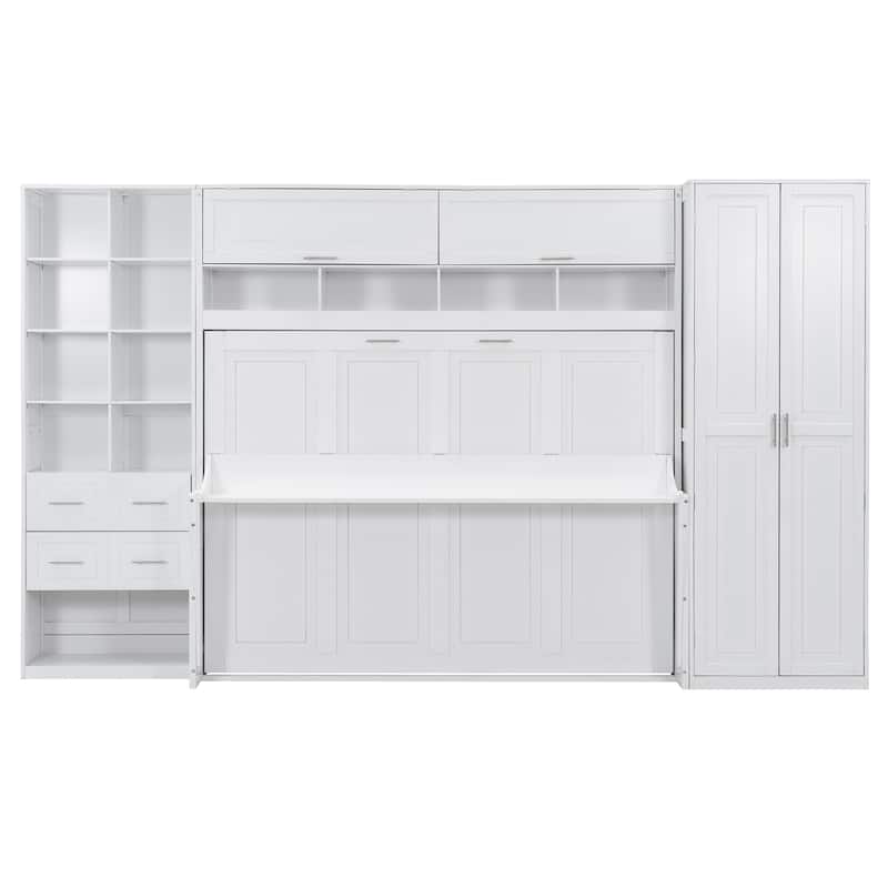 Space-Saving Queen Murphy Bed with Built-in Closet, Drawers and Shelves in White/Gray