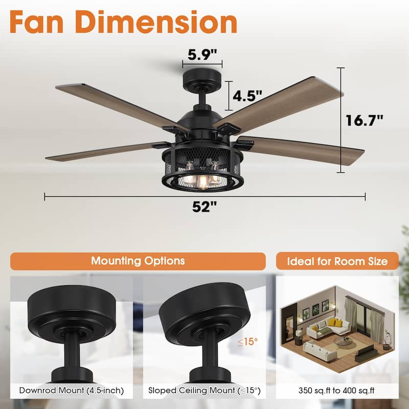 52" Industrial Reversible Wood 5-Blade Black Ceiling Fan with Light and Remote