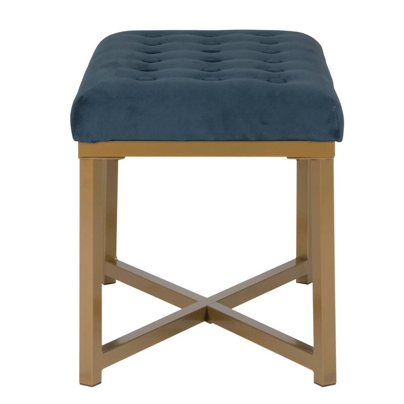 Silver Orchid Pugo Rectangular Ottoman with Midnight Velvet Tufted Cushion and Gold Metal X Base