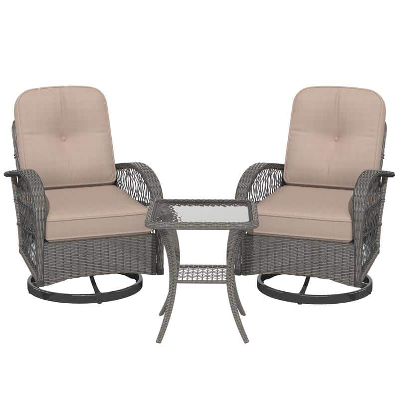 Outdoor Swivel Rocker Bistro Set - 3 Piece Wicker Patio Set with Swivel Rocking Chairs, Cushions, and Tempered Glass Side Table