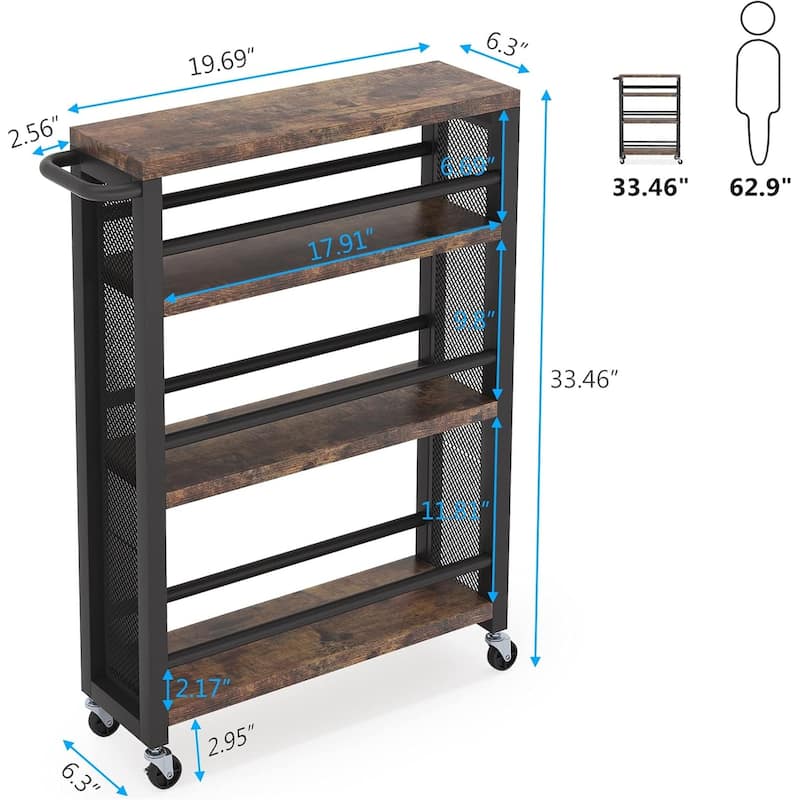 20" Slim 4-Tier Rolling Utility Cart with Wheels, Narrow Kitchen Storage Trolley, Wood and Metal Spice Rack Organizer