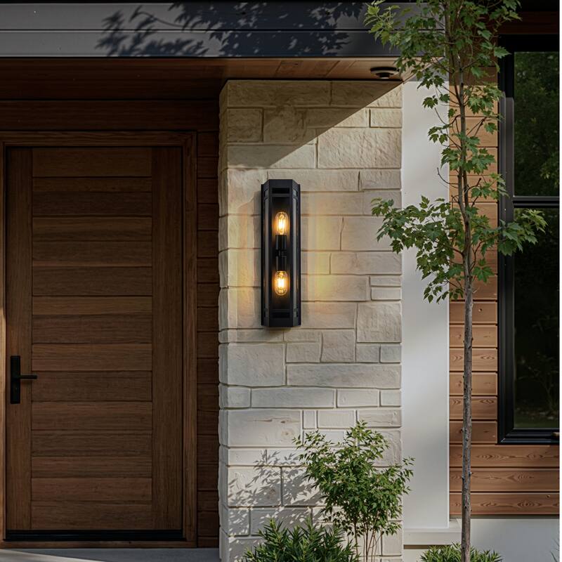 2-Light H20" Modern Black Outdoor Wall Light with Dusk-to-Dawn Sensor Front Door Garage Exterior Lighting Fixture - W6''