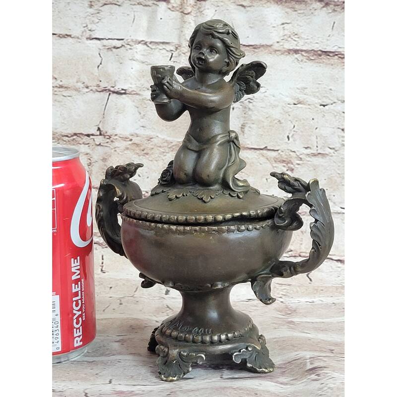 Bronze Cherub Cherubim Urn Jewelry Trinket Box Sculpture Decor 8 Inches X 6 Inches