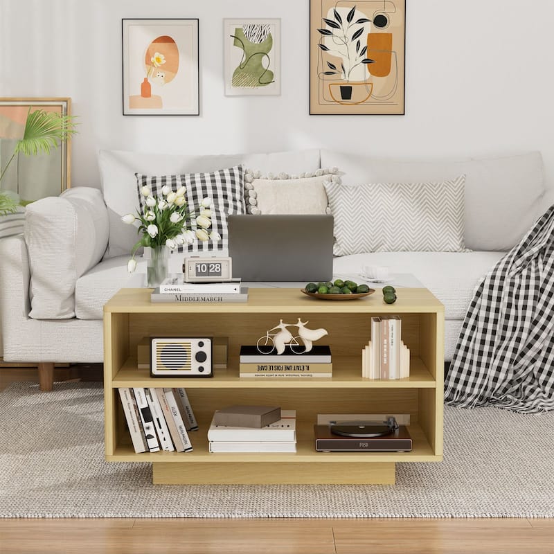 31.5" Fluted Lift Top Coffee Table with Storage, Boho Lift-Top Center Table with Hidden Compartment for Small Space