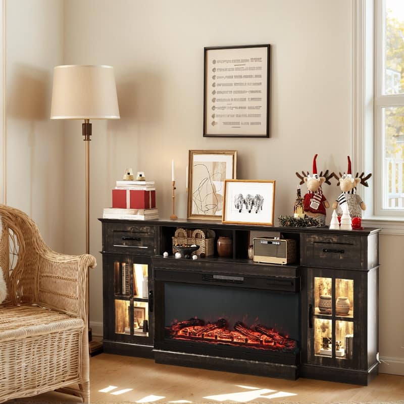 Farmhouse 70'' TV Stand For Tvs Up To 80'' With Electric Fireplace and Adjustable Shelves