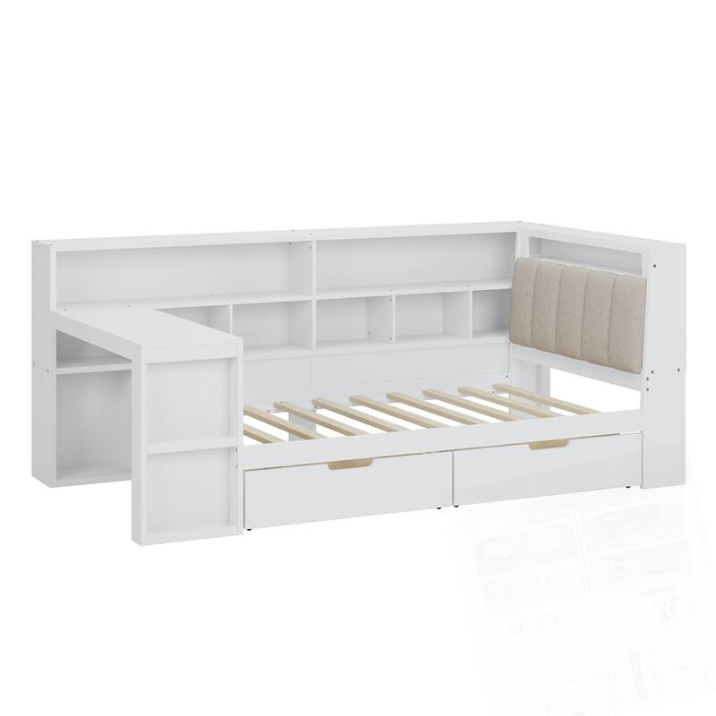 L-shaped Wooden Daybed with Desk and Storage Bookcase with Upholstered Headboard