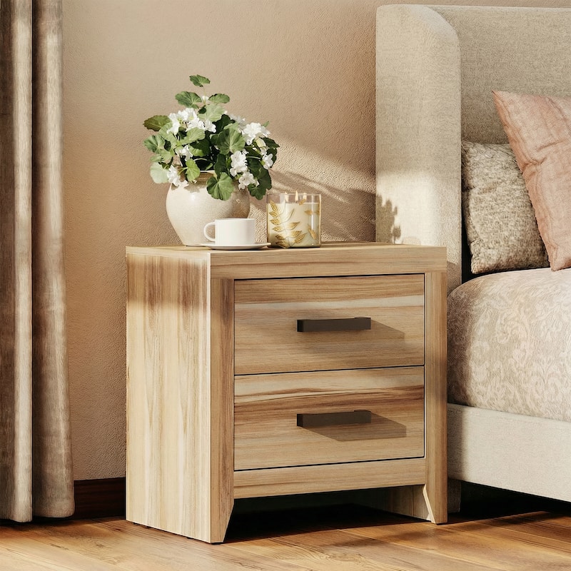 WAMPAT Farmhouse Nightstand with Dual Drawers - Rustic Brown