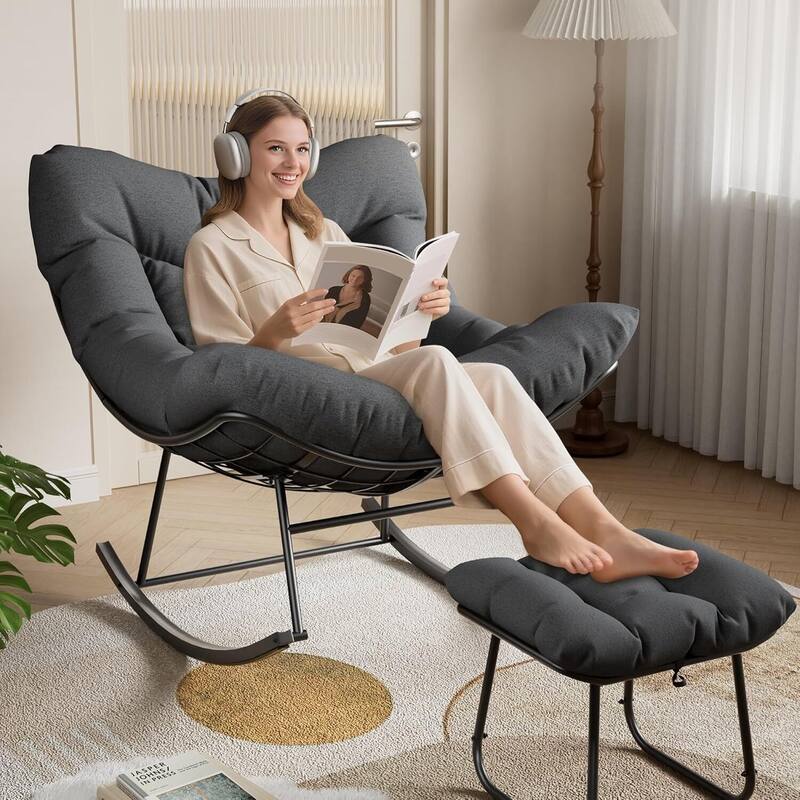 Outdoor Oversized Lounge Chair, Patio Rattan Egg Rocker with Footrest