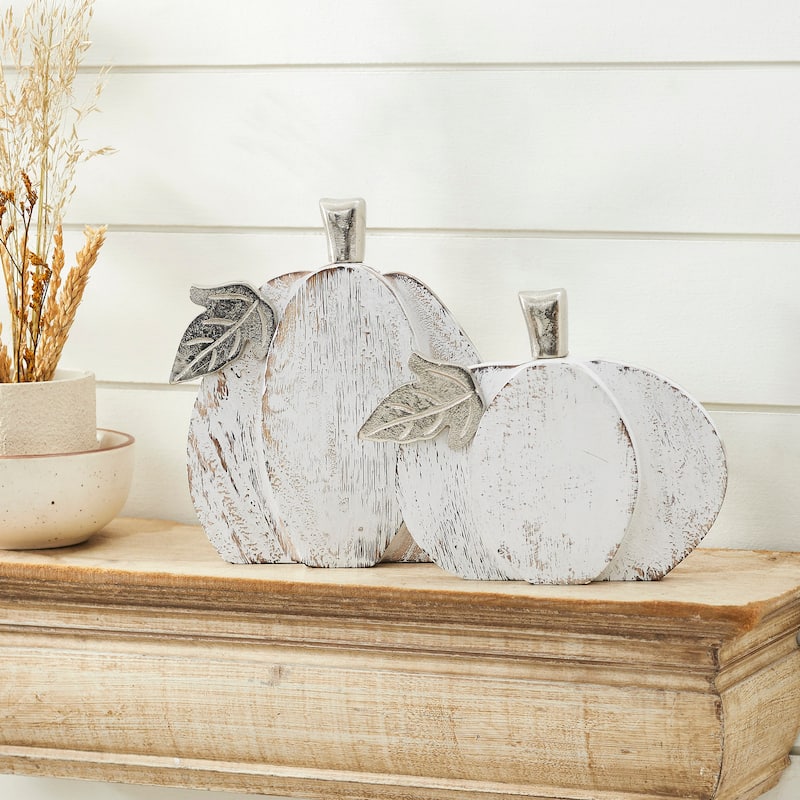 White Wash Farmhouse Wooden Pumpkin Set of 2 - 7 and 9 inch - N/A