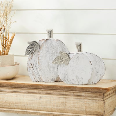 White Wash Farmhouse Wooden Pumpkin Set of 2 - 7 and 9 inch - N/A