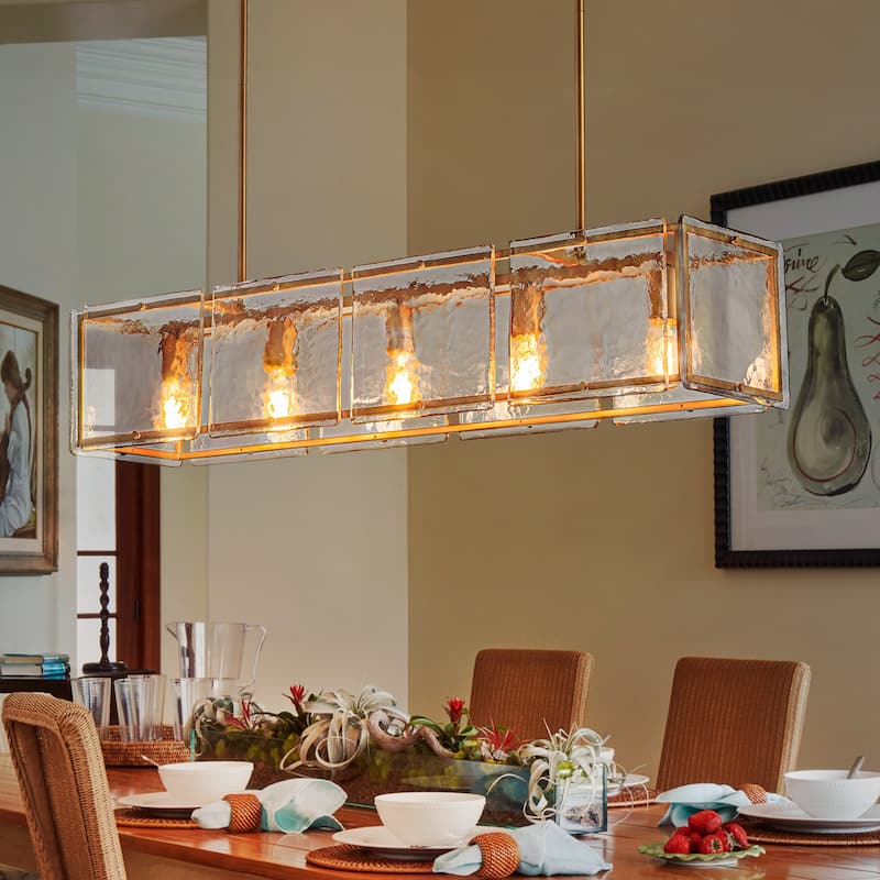 Modern 39.37" Large Rectangle Water Ripple Glass Chandelier for Dining Room - W39.4" - Gold
