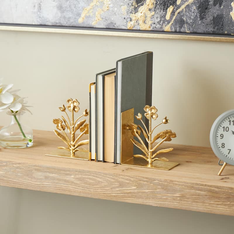 Metal Floral Decorative Bookends with Shimmer Details - Set of 2 Gold - Roche River Decor - 3"W x 6"L x 7"H
