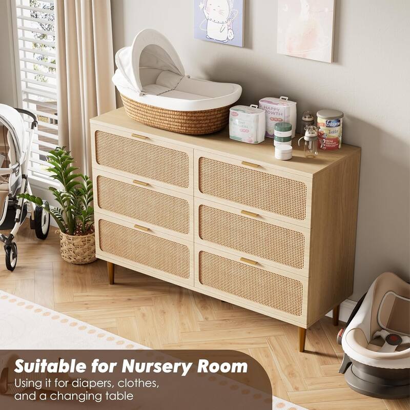 Rattan 6 Drawer Dresser for Bedroom, Double Chest with Deep Drawers and Wide Top for Living Room, Hallway, or Closet
