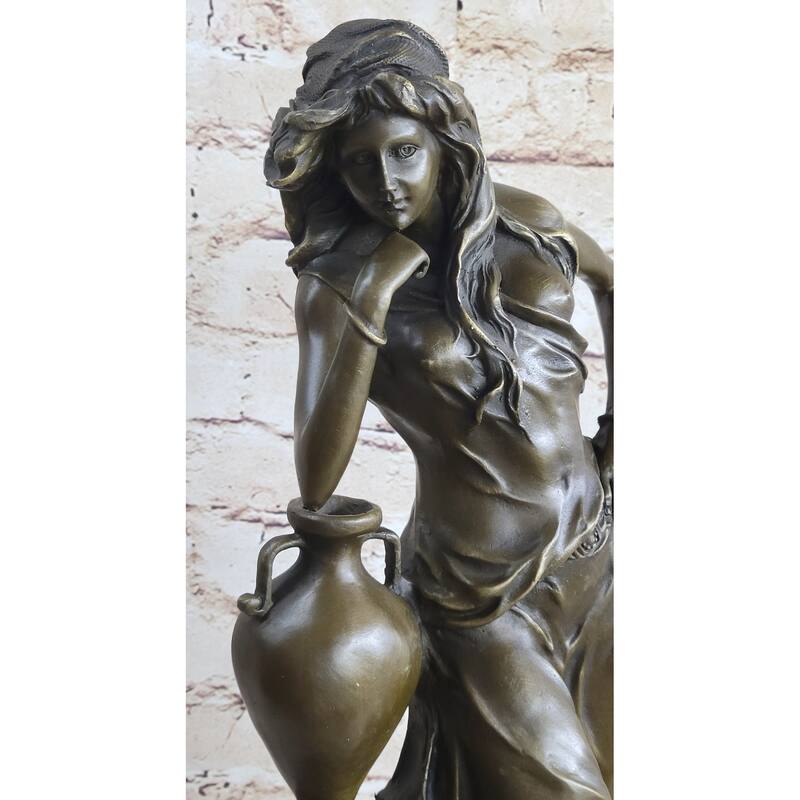 Signed Beautiful Maiden Ponders Leaning Against Vase Bronze Figurine Sculpture