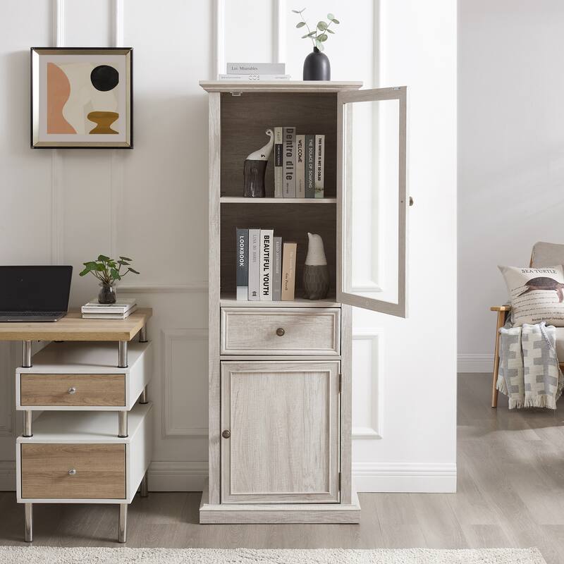 Modern Tall Storage Cabinet with Glass Door, Drawer and Shelves for Living Room, Kitchen, Dining Room