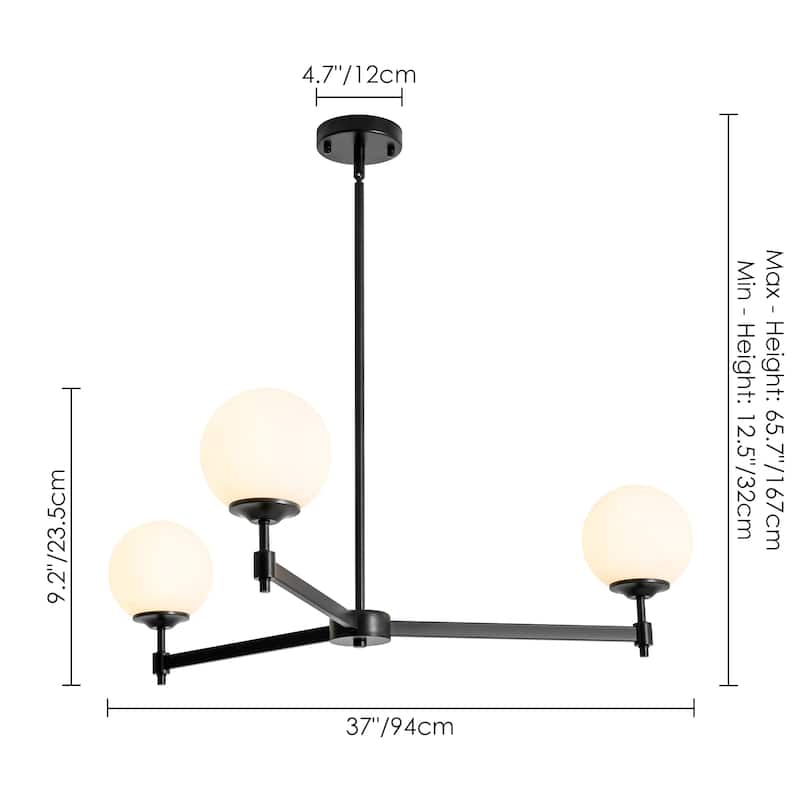 3-light Mid-Century Modern Gold/Black Sputnik Metal Frosted Glass Globe Chandelier for Dining/Living Room