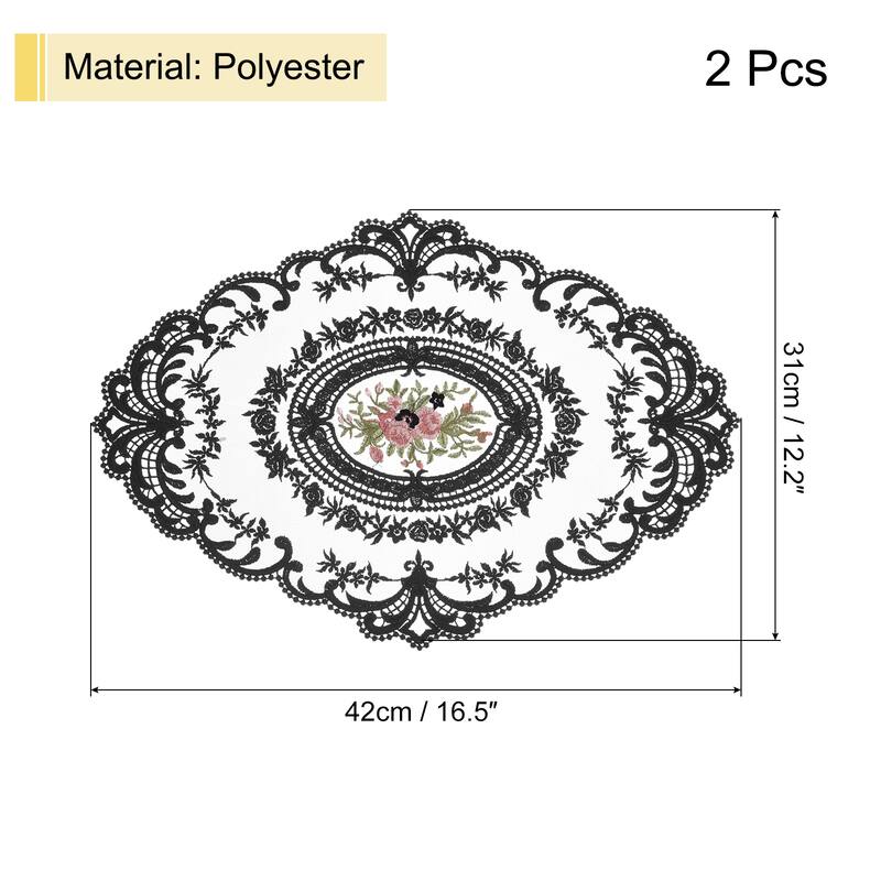 2Pack 12x16in Retro Lace Placemat Oval French Crochet Doilies Coasters - 12x16-in - Black