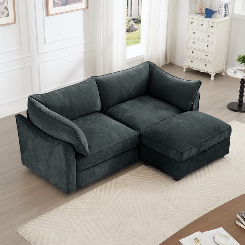 2-Seater Loveseat with 1 Movable Ottoman & Pull out Storage Drawer Under Seat - Grey
