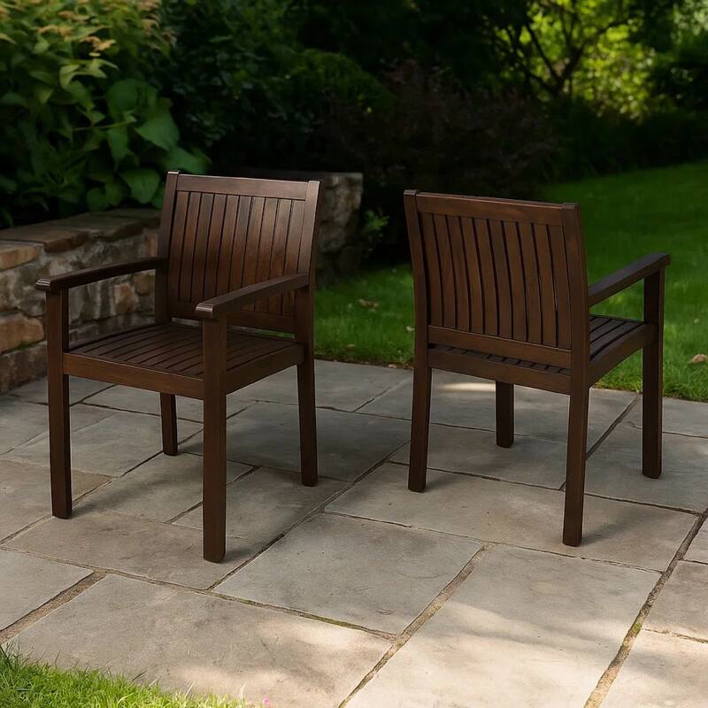 Alison Outdoor Dining Arm Chair Set of 2, Slatted Brown Acacia Wood