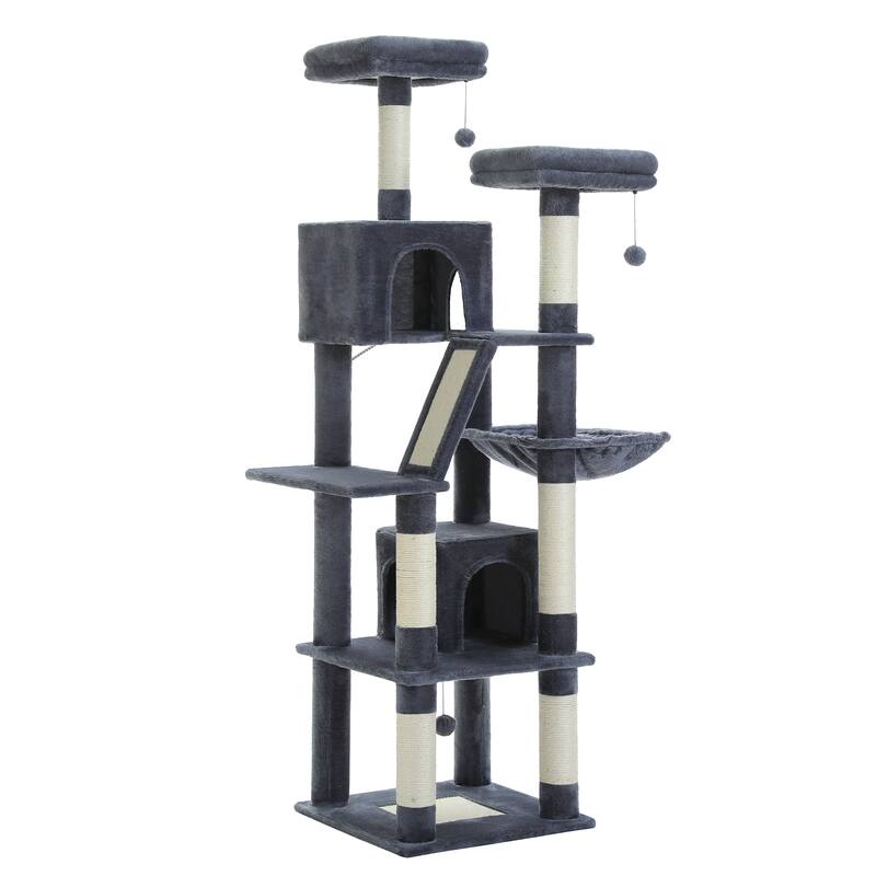 Multi-Level Indoor Large Cat Tree Scratching Post with 2 Perches, 2 Condos, Hammock and 2 Pompoms - Dark Grey
