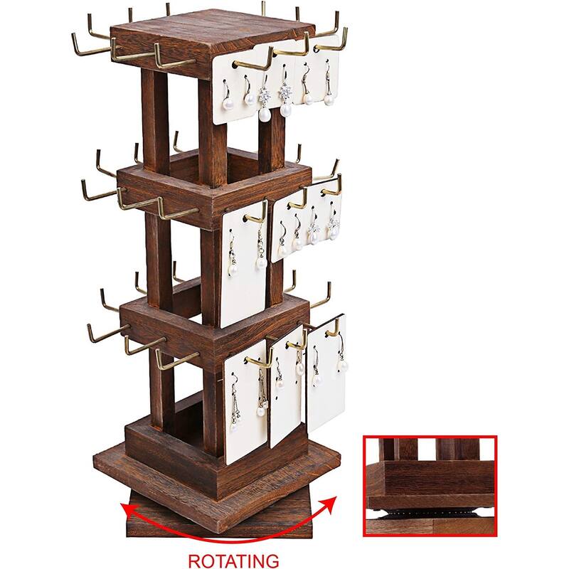 Natural Wood Rotating 36 Hooks Jewelry Tower