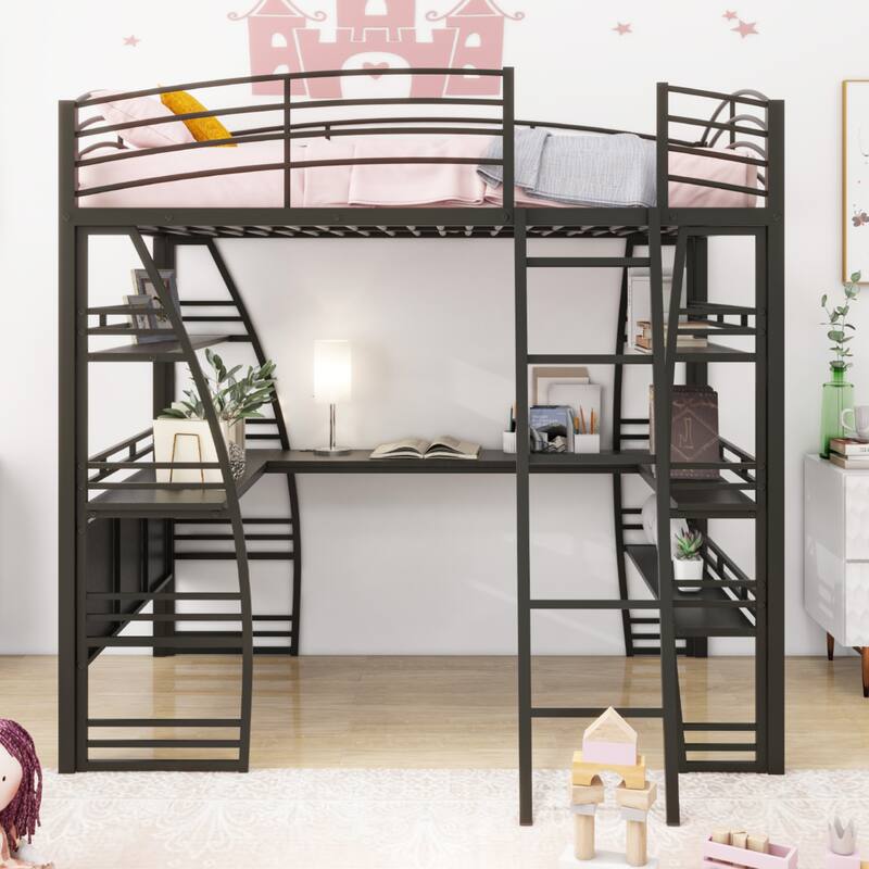Metal Loft Bed with Shelves, L-Shaped Desk, Sockets, USB Ports, Wireless Charging